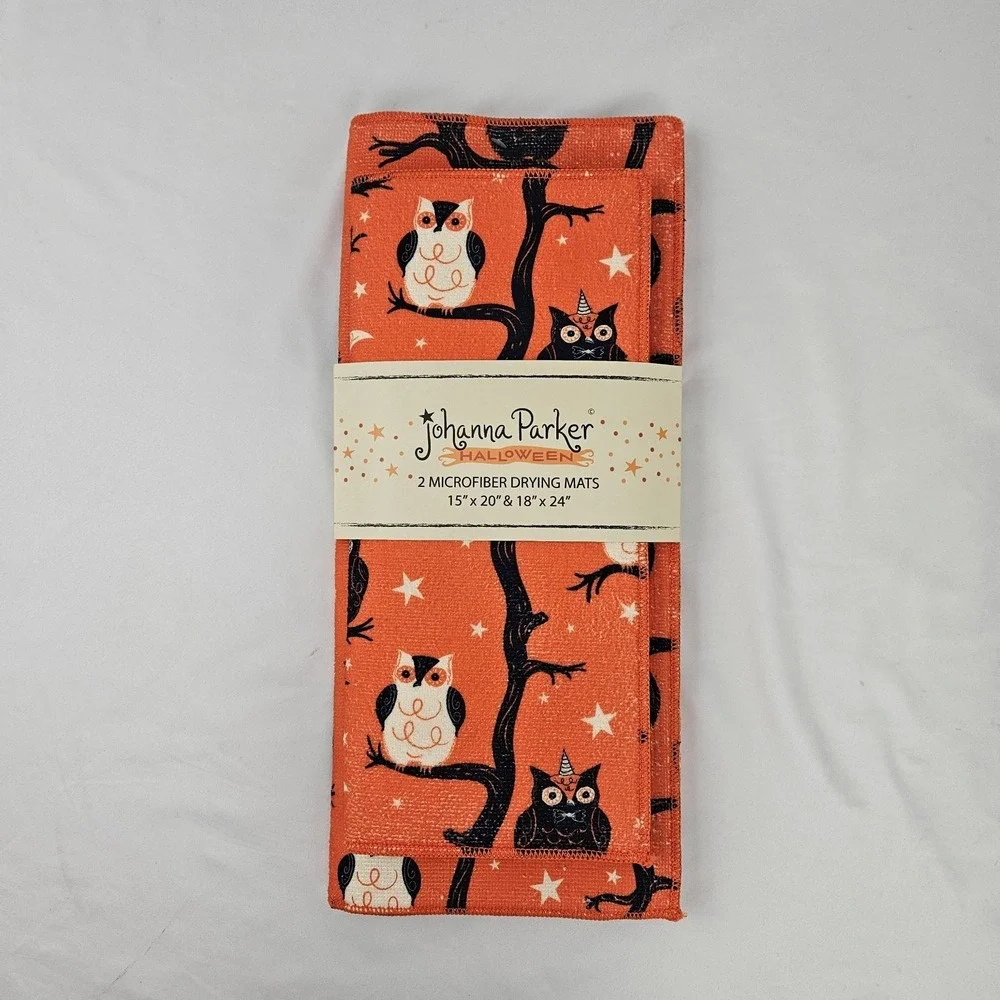 Summerween Owl Drying Mat Set of 2 Orange Microfiber NEW Joanna Parker Decor